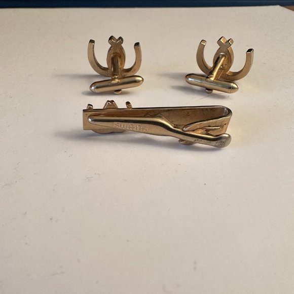 VINTAGE SWANK DOUBLE HORSESHOE CUFFLINKS AND TIE BAR - Picture 2 of 6
